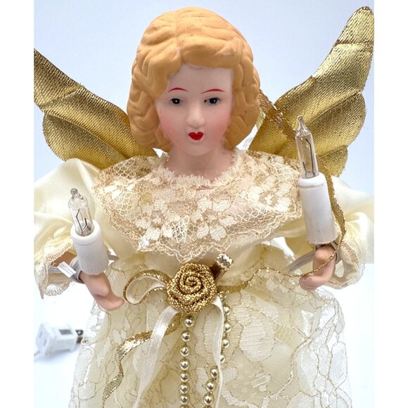 Vintage 10" Angel Tree Topper Lace Dress & Gold Wings Electric Lighted Figurine - Picture 2 of 9